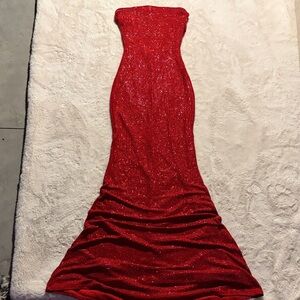 Strapless Red Jeweled Mermaid Prom Formal Gown